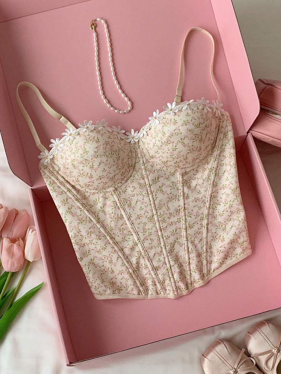 Comfortcana Camisola de tirantes para mujer de estilo elegante de vacaciones de verano con estampado floral pequeño, aplique de encaje en contraste y corpiño con ballenas - Amarillo claro - Ver 1