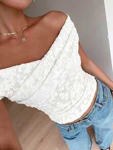 Siren Gaze Áo thun nữ cổ chéo họa tiết hoa dệt jacquard màu trắng, phong cách casual tối giản, gợi cảm, thanh lịch, lãng mạn vintage, trang phục đi làm, đi biển, đi chơi mùa hè cho nữ - trắng - Xem 7