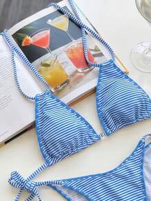Swim Mod 2pcs/Set Women's Blue And White Striped Bikini,Summer Casual Beach Holiday Vacation Holiday Swimwear,Halter Backless Tie Top&Side Tie Bottom Set - Multicolor - View 5