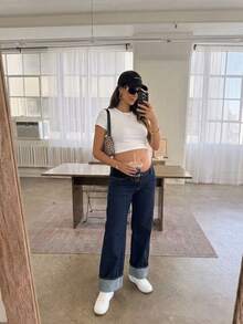 SHEIN 孕妇经典深色水洗无弹力牛仔裤 - 深色水洗藍 - 查看 1