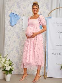 Loomaby Vestido elegante de maternidad con cuello cuadrado, decoración de flor 3D y manga corta - Rosa - Ver 9