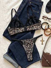 SHEIN 2pcs Women's Leopard Print Lace Patchwork Underwire Padded Push Up Bra Set ClassicAnimalPrint - Multicolor - View 2