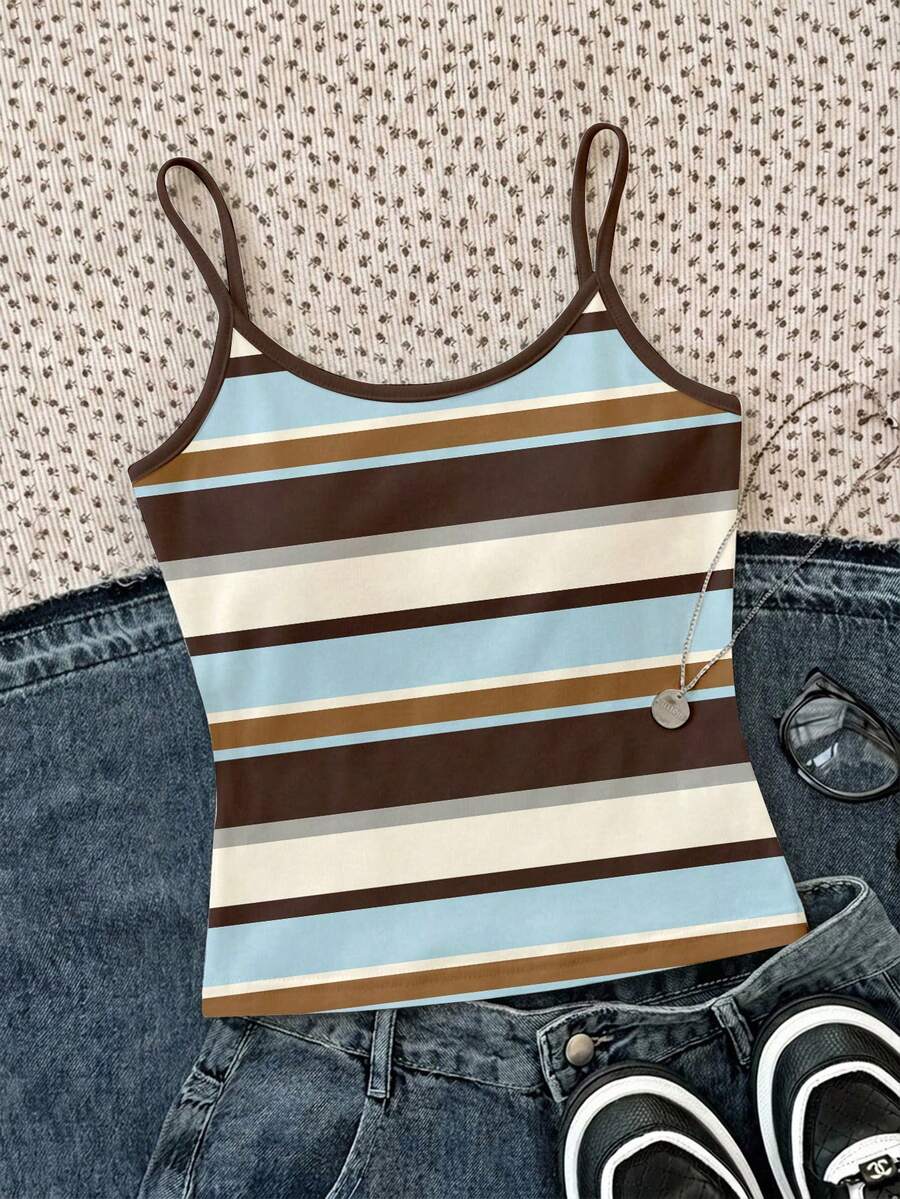 SHEIN Teen Girl Striped Patchwork Casual Versatile Daily Wear Camisole Top - Multicolor - View 1
