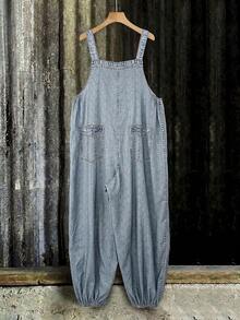 EMERY ROSE Jumpsuit size lớn phong cách thường ngày in họa tiết denim có túi, cúc và dây đeo - Màu xanh lam - Xem 4