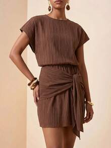 Zivah Women's Solid Color Pleated Casual Party Short Dress - Brown - View 5