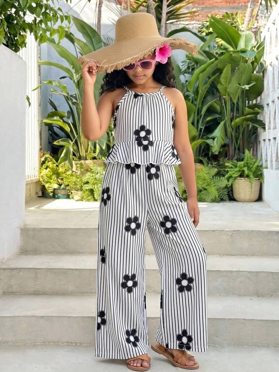 2pcs/Set Tween Girl Spring/Summer Black & White Striped Floral Print, Ruffle Gathered Halter Top, Straight Leg Pants - Black and White - View 1
