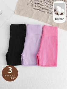SHEIN Young Girl Sporty Sweet Cool Spring/Summer Knit Solid Color High Waist Shorts 3pcs Set - Multicolor - View 7