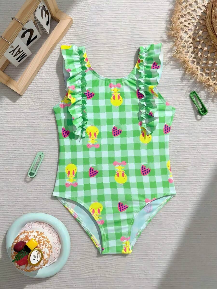 LOONEY TUNES X SHEIN GraphicGems Baju Renang Terusan Motif Kotak-kotak dan Ruffle untuk Anak Perempuan, Cocok untuk Liburan Pantai, Pesta Kolam Renang, dan Pesta Pantai. - MultiWarna - View 1