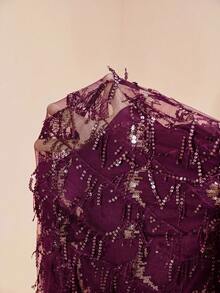 Arave 女款網紗刺繡亮片高腰直筒長褲，鑽石格紋流蘇刺繡亮片設計，優雅約會長褲 - 紫色 - 查看 12