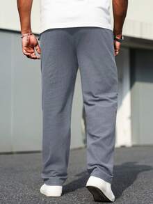 Manfinity Homme Plus Size Men's Solid Color Textured Drawstring Waist Pocket Casual Long Pants - Dusty Blue - View 2