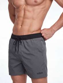 Manfinity KASUA Men Letter Graphic Drawstring Waist Swim Trunks & Compression Liner Milk Silk Lining,Hawaiian - Dark Grey - View 4