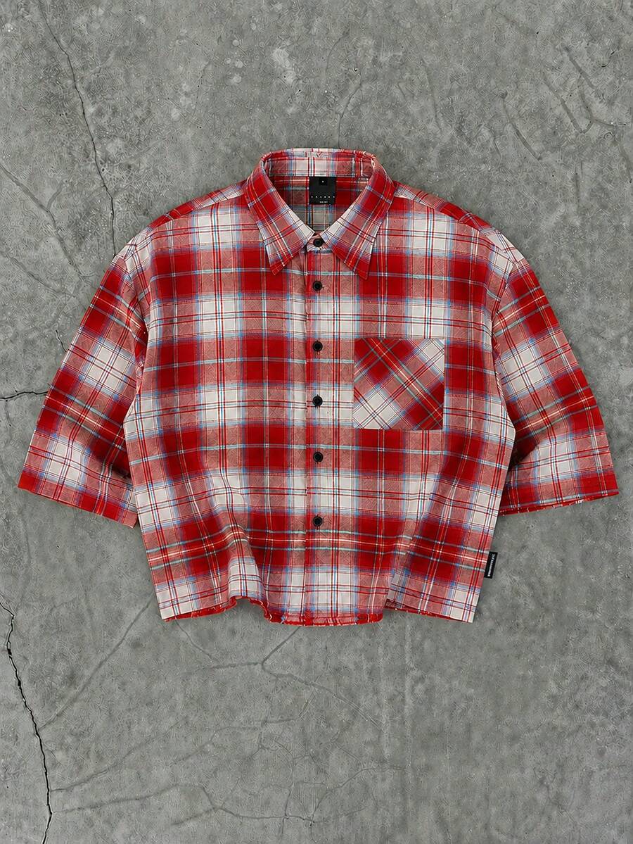 SUMWON Cropped Flannel Plaid Shirt Short Sleeve Button Down Chest Pocket Raw Hem Casual Streetwear - Red and White - View 1