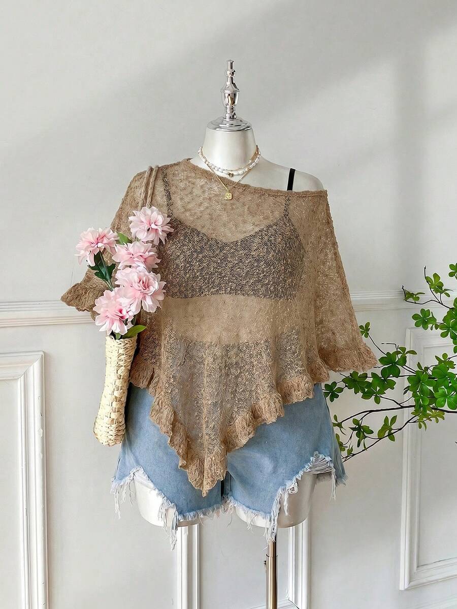 SHEIN EZwear Áo choàng Poncho móc len màu xanh ô liu, kiểu dáng rộng rãi thoải mái, cỡ lớn, có viền bèo nhún, thích hợp cho các buổi đi chơi và hẹn hò mùa hè, cỡ lớn. - Màu Khaki - Xem 1