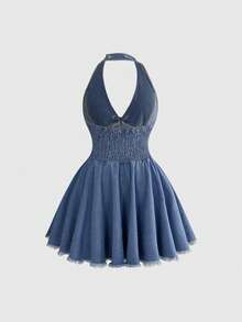 ROMWE Vestido de mezclilla de talla grande con cuello halter y cintura ceñida, versátil y combinable para primavera/verano - Lavado ligero - Ver 2