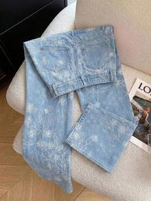 EMERY ROSE Mature Denim Quần jeans ống rộng suông thoải mái có túi in họa tiết hoa cho nữ - Rửa trung bình - Xem 2