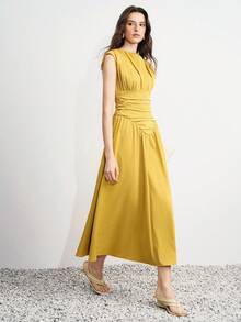 Aveloria Modichic Gewaschenes ärmelloses Kleid mit diagonalem Streifenmuster, V-Ausschnitt und taillierter Taille für Damen - Rötlich-braun - Übersicht 4