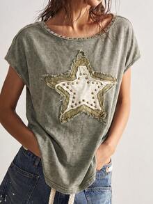 Bohemela T-shirt ample décontracté pour femmes, style bohème campagnard d'été avec motif - Militaire verte - Voir 2