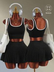 Amplova Solid Color Knit Pleated Sports Skirt/Shorts - Black - View 2