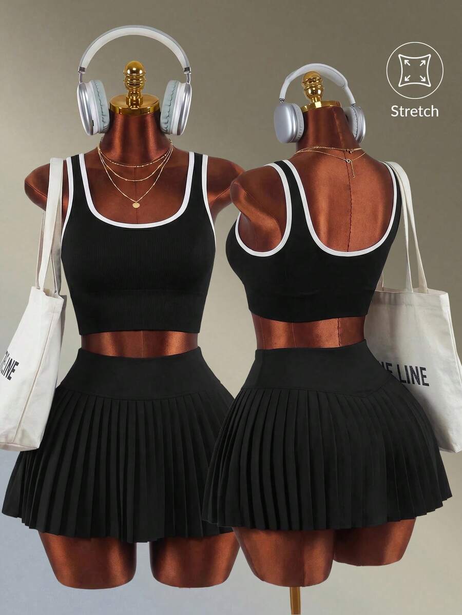 Amplova Solid Color Knit Pleated Sports Skirt/Shorts