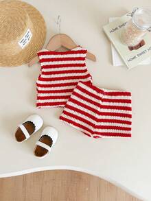 SHEIN LMoss Kids Baby Girl Casual Summer Cute Striped Tank Top And Elastic Waist Shorts Set - Red and White - View 2