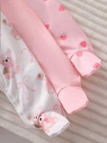 Newborn Bear & Bow Pattern Long Sleeve Footed Romper Set, Autumn/Winter Loungewear, Round Neck Floral Soft Comfortable Cute Pajamas, Includes Headband - Pink - View 5