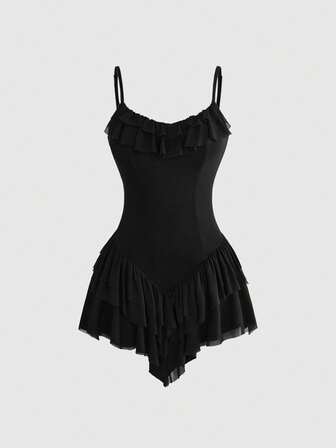 Women's Mesh Multi-Layer Flowy Sexy Hot Girl Goth Dark Cinched Waist Elastic Dress, Spring/Summer