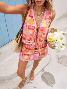 Vivid Eden Ensemble débardeur à lacets et jupe-short imprimé géométrique pour femmes, vacances à la plage, soirée romantique - Rose bonbon - Voir 2