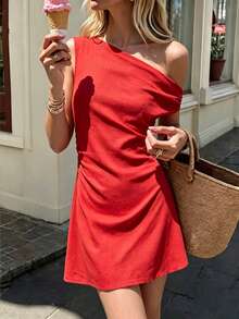 SHEIN Luminelle Women's Spring/Summer New Red Linen Asymmetric Shoulder Ruched A-Line Mini Dress - Red - View 1
