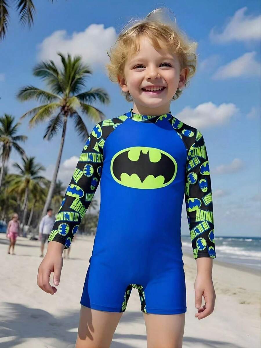 BATMAN X SHEIN GraphicGems 男童字母印花长袖连体泳衣,适合海滩度假游泳 - 彩色 - 查看 1