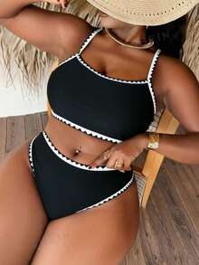 Slaydiva Conjunto de Traje de Baño de 2 Piezas Talla Grande 2026 Nuevo, Atuendo de Vacaciones de Verano en la Playa para Mujeres - Negro - Ver 1