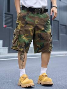 Manfinity EMRG Pantalones cortos vaqueros de camuflaje desgastados con múltiples bolsillos para hombre, estilo casual urbano, para senderismo, verde oscuro, verano, vacaciones - Verde militar - Ver 7