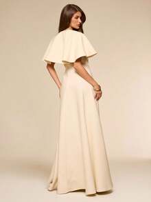 SHEIN BAE Apricot Deep V-Neck Ruffle Shoulder Fitted Long Elegant Umbrella Skirt, Spring/Summer - Apricot - View 2