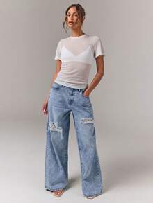 Athîral Denim 女款口袋磨損寬腿寬鬆休閒牛仔長褲 - 淺色水洗藍 - 查看 5