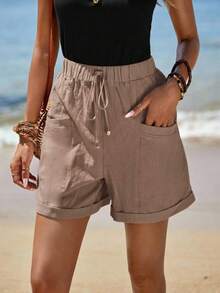 Sylviya Textured Fabric Casual Rolled Hem Shorts, Front Tie, Dual Pockets Design - Coffee Brown - View 2