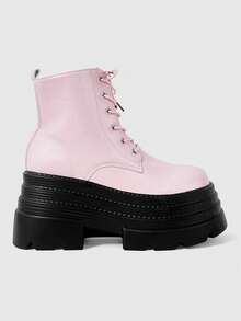 ROMWE Kawaii Sandales à talons pour femmes ~ Nouvelles bottes roses en PU de style punk pour l'automne et l'hiver 2026, à bout rond, à semelle épaisse, bottes de randonnée polyvalentes, bottes courtes à plateforme, bottes fines - Rose bonbon - Voir 2