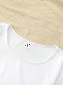 SHEIN Áo thun ngắn tay dáng ngắn ôm sát cổ tròn màu trơn dệt kim phong cách thường ngày cho thiếu nữ - trắng - Xem 5