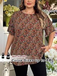 SHEIN CURVE+ Áo kiểu nữ cỡ lớn in hoa, tay hai lớp, thanh lịch cho mùa hè, áo sơ mi nữ, áo kiểu nữ, áo dễ thương, áo sơ mi mùa hè, áo sơ mi ngộ nghĩnh. - Nhiều màu - Xem 8