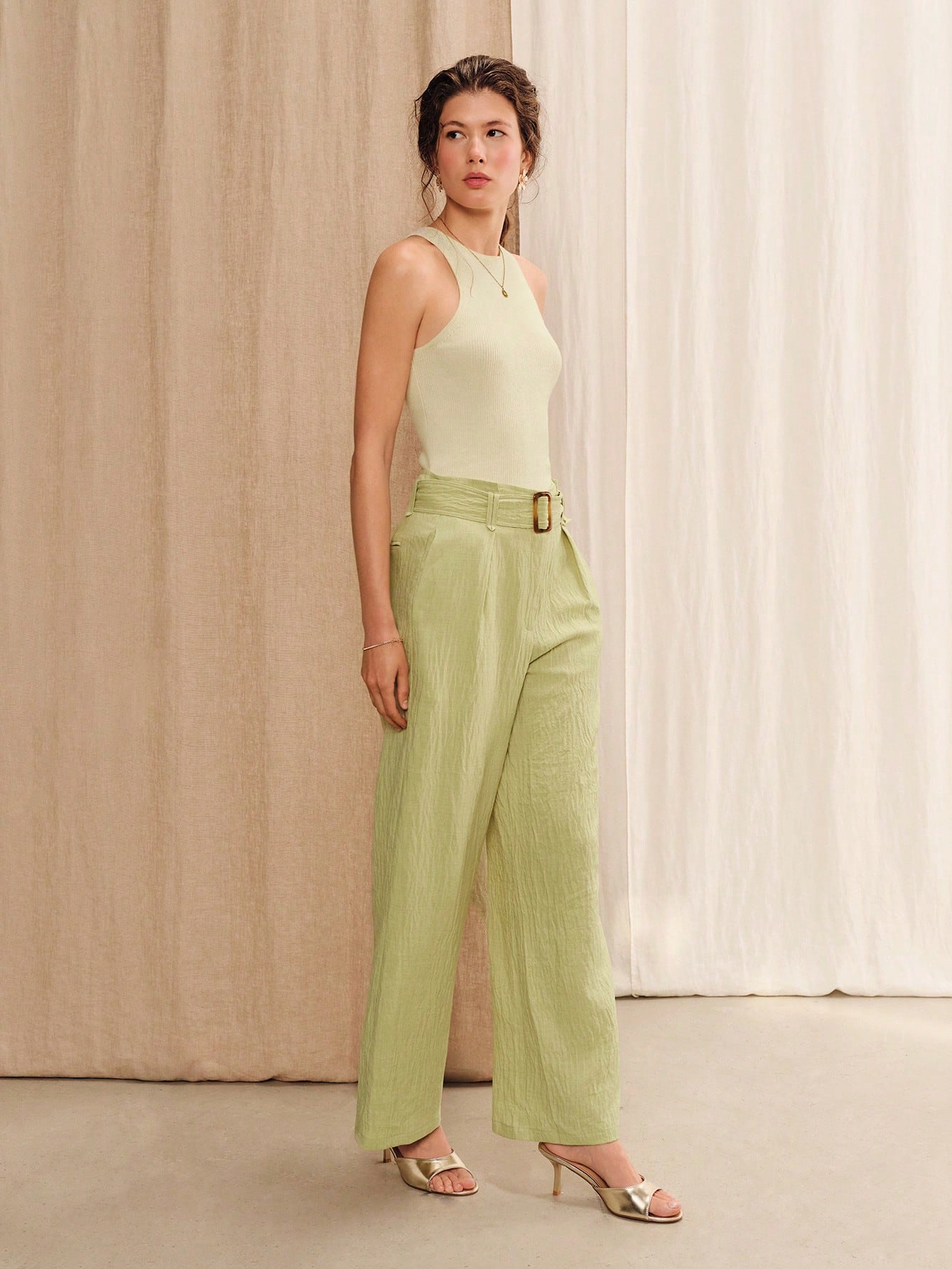 Green High-Waisted Wide-Leg Pants With Belt And Buckle Summer Cute Business Casual Pants