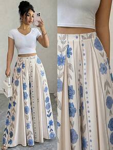 Selianne Women's Spring/Summer Elegant Streetwear Vacation Commute Printed Flat Front A-Line Skorts Long Pants - Multicolor - View 1