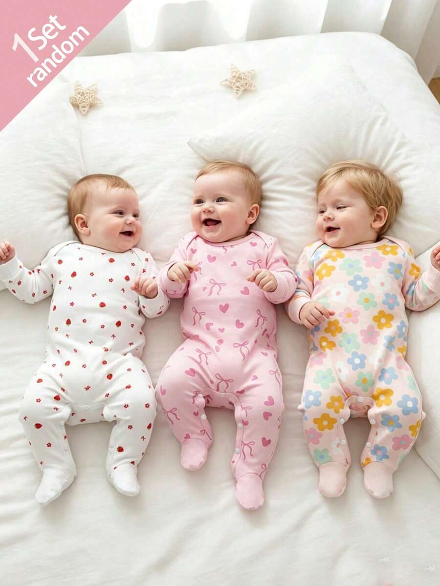 [1 Set Random] Newborn Baby Girl Cute Cartoon Strawberry Floral Print Long Sleeve & Footed Sleepwear Romper Soft Knit Homewear Spring Autumn - Multicolor - View 1