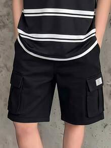 SHEIN Tween Boys Spring/Summer Short Sleeve Polo Shirt And Long Pants 2-Piece Set, Fashion Knit Striped Animal Print, Casual Comfortable Large Pocket Pants, Outdoor Versatile Outfit - Black - View 5