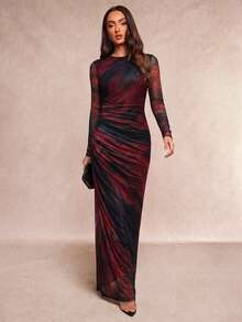 Silquee Este vestido de mujer marrón con estampado tie-dye de malla, cuello redondo y manga larga presenta una cintura ajustada con fruncido, resaltando el encanto femenino. Elegante y cautivador, es lo suficientemente versátil como para combinarse con cualquier cosa, desde citas, atuendos de temporada de bodas, fiestas de cóctel, fiestas románticas/ropa para citas, vestidos de noche, vestidos de día y noche, vestidos de dama de honor, vestidos de fiesta elegantes y con estilo, atuendo formal, ropa para citas románticas - Multicolor - Ver 4