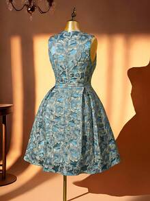 Rometta Plus Size  Summer Elegant Royal Blue Jacquard Foil Embossed A-Line Sleeveless Maxi Dress,Winter Wedding Princess Square Neck Floral Party Ball Gown - Dusty Blue - View 8