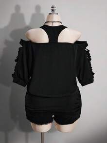 SHEIN ICON 女款大尺碼黑色夏季 Grunge 音樂會日常 Y2K 哥德龐克骷髏圖案鏤空破洞 2 合 1 T恤 音樂節 - 黑色 - 查看 2
