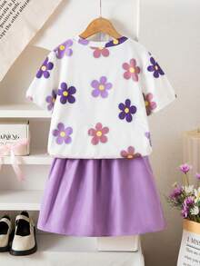 SHEIN Elladie kids 两件套：少女白色上衣，饰有3D情人节红色爱心图案T恤，搭配红色百褶裙 - 彩色 - 查看 3