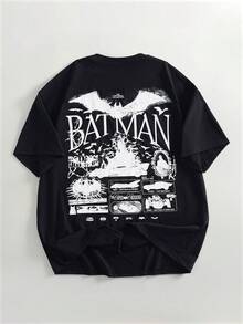 BATMAN X SHEIN Áo thun nam tay ngắn in hình dơi, kiểu dáng thường ngày, thích hợp cho mùa hè. - màu đen - Xem 1