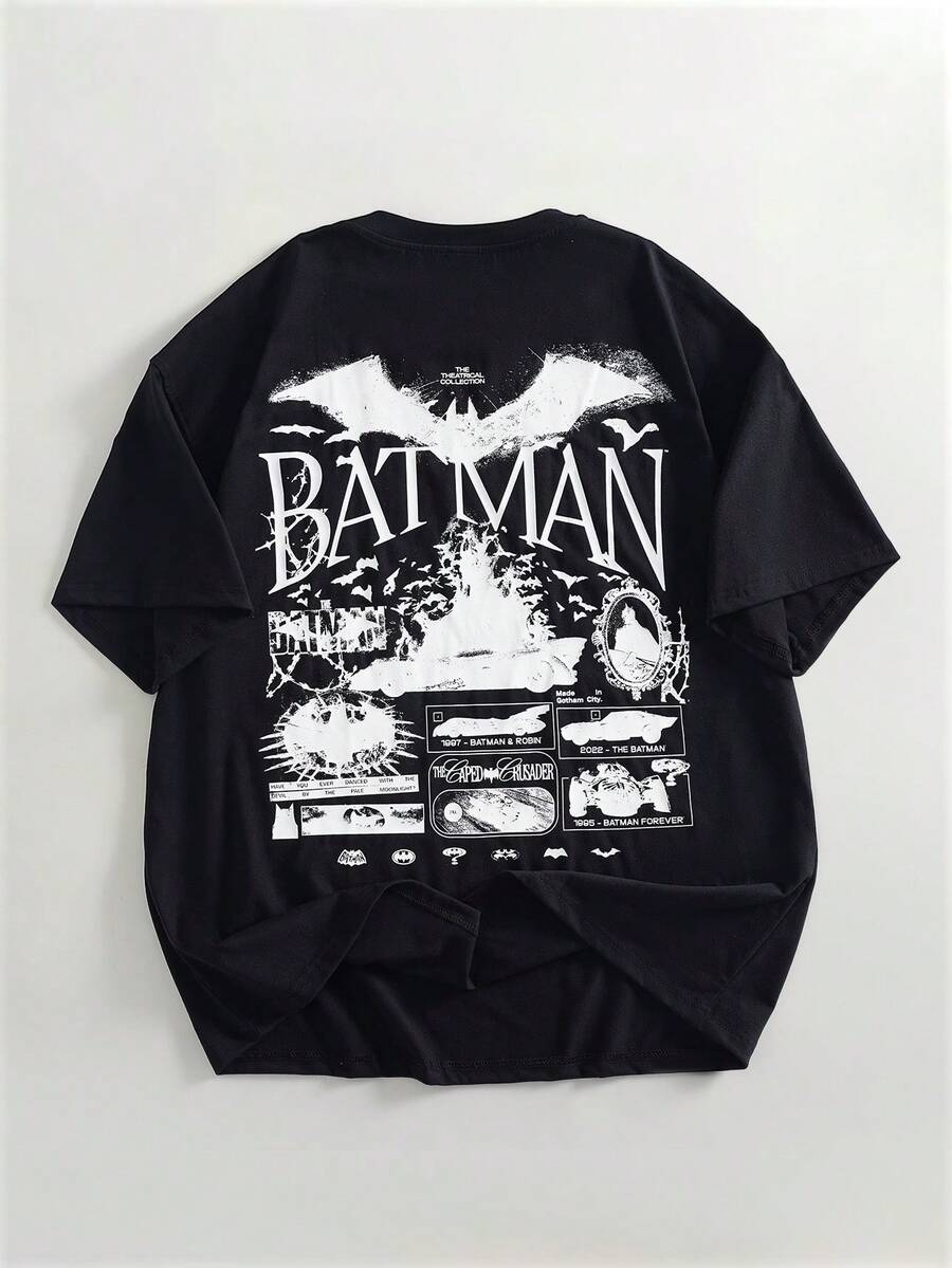 BATMAN X SHEIN Áo thun nam tay ngắn in hình dơi, kiểu dáng thường ngày, thích hợp cho mùa hè. - màu đen - Xem 1
