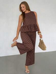 Auralis Round Neck Loose Sleeveless Top & Straight Leg Pants Plus Size Two-Piece Set / Brown Polka Dot Bohemian Vacation Style / Elegant Commuting Style - Brown - View 8
