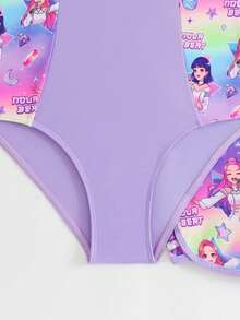 SHEIN Baju Renang Terusan dan Celana Pendek Motif Kartun Huruf untuk Anak Perempuan Remaja, Cocok untuk Liburan Pantai, Pesta Kolam Renang, dan Acara Pantai. - Purple - View 4