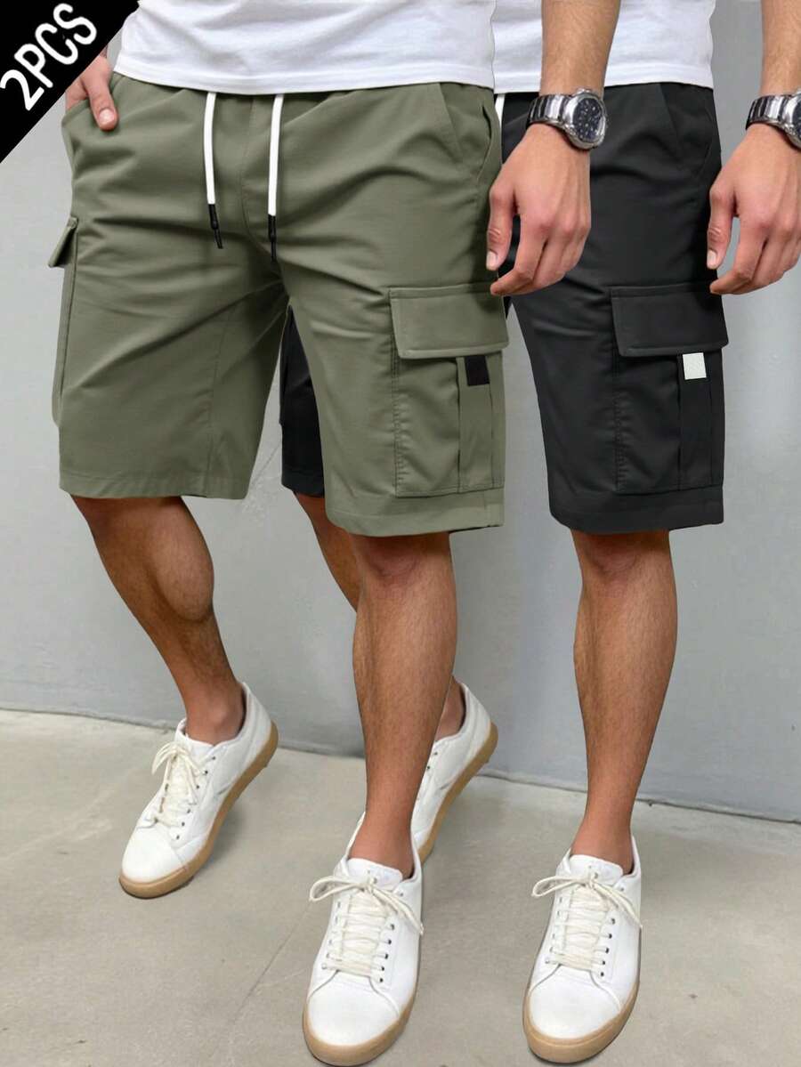 Manfinity Homme Celana Pendek Kargo Pria Ukuran Besar dengan Tali Serut di Pinggang, 2pcs/Set, Hijau Sage, Hitam, Musim Panas, Kasual, Pantai, Perjalanan, Liburan Akhir Pekan, Hadiah untuk Pacar/Suami - MultiWarna - View 1
